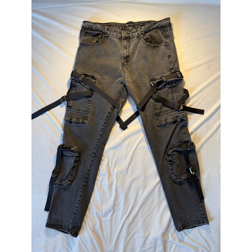 Waimea Mens 38x32 Skinny Fit Cargo Jeans Washed Black Tactical Strap Techwear - Picture 1 of 4